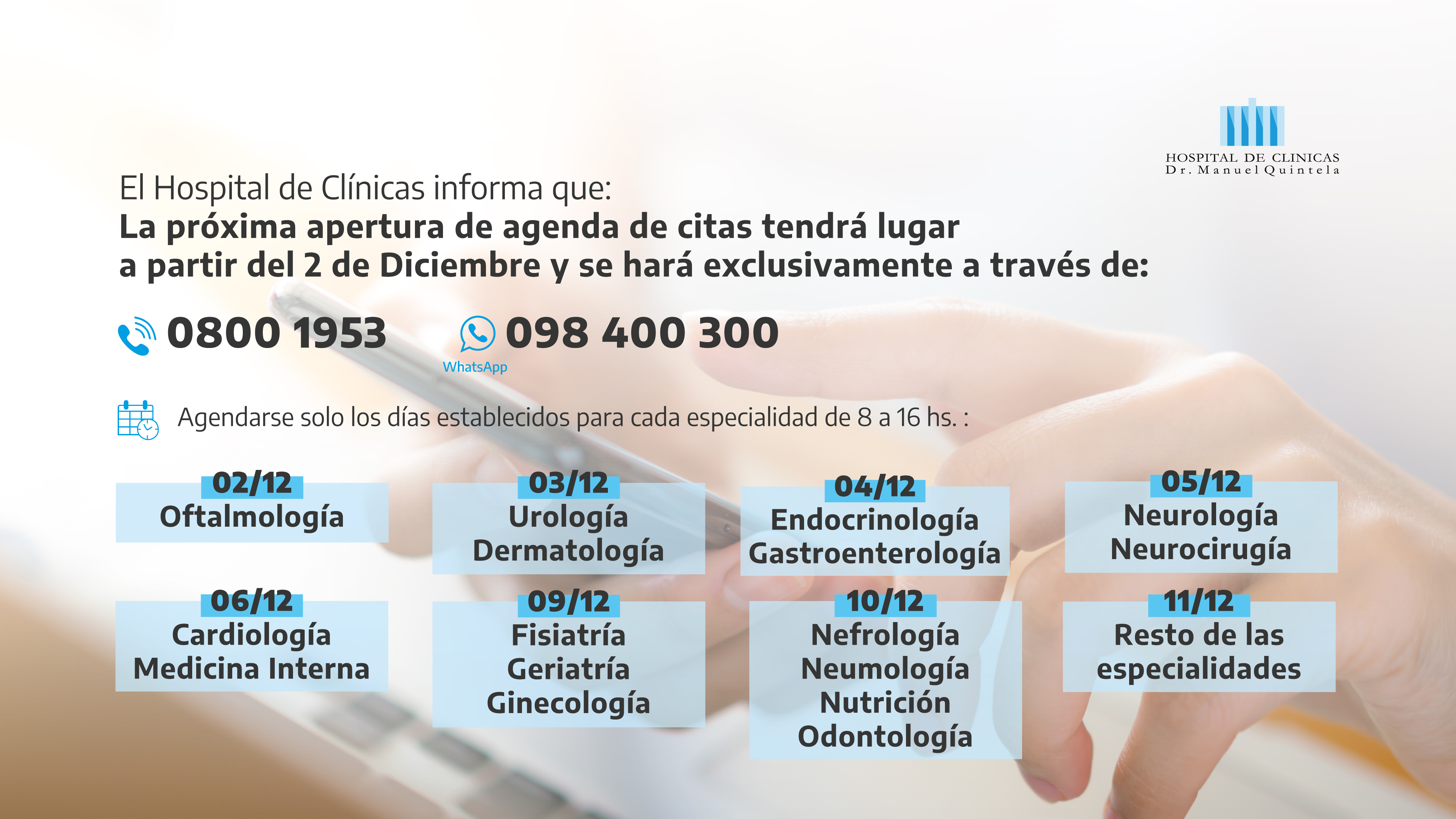 El 2 de diciembre se realizará la apertura de agenda de citas en el Hospital de Clínicas