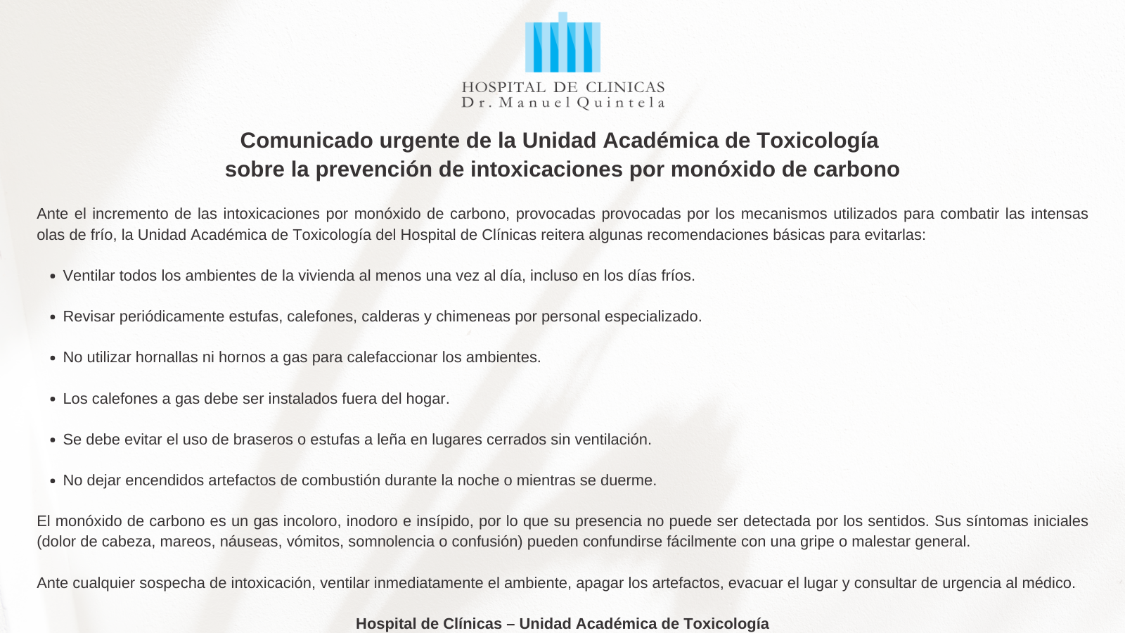 Comunicado urgente de la Unidad Académica de Toxicología sobre la prevención de intoxicaciones por monóxido de carbono
