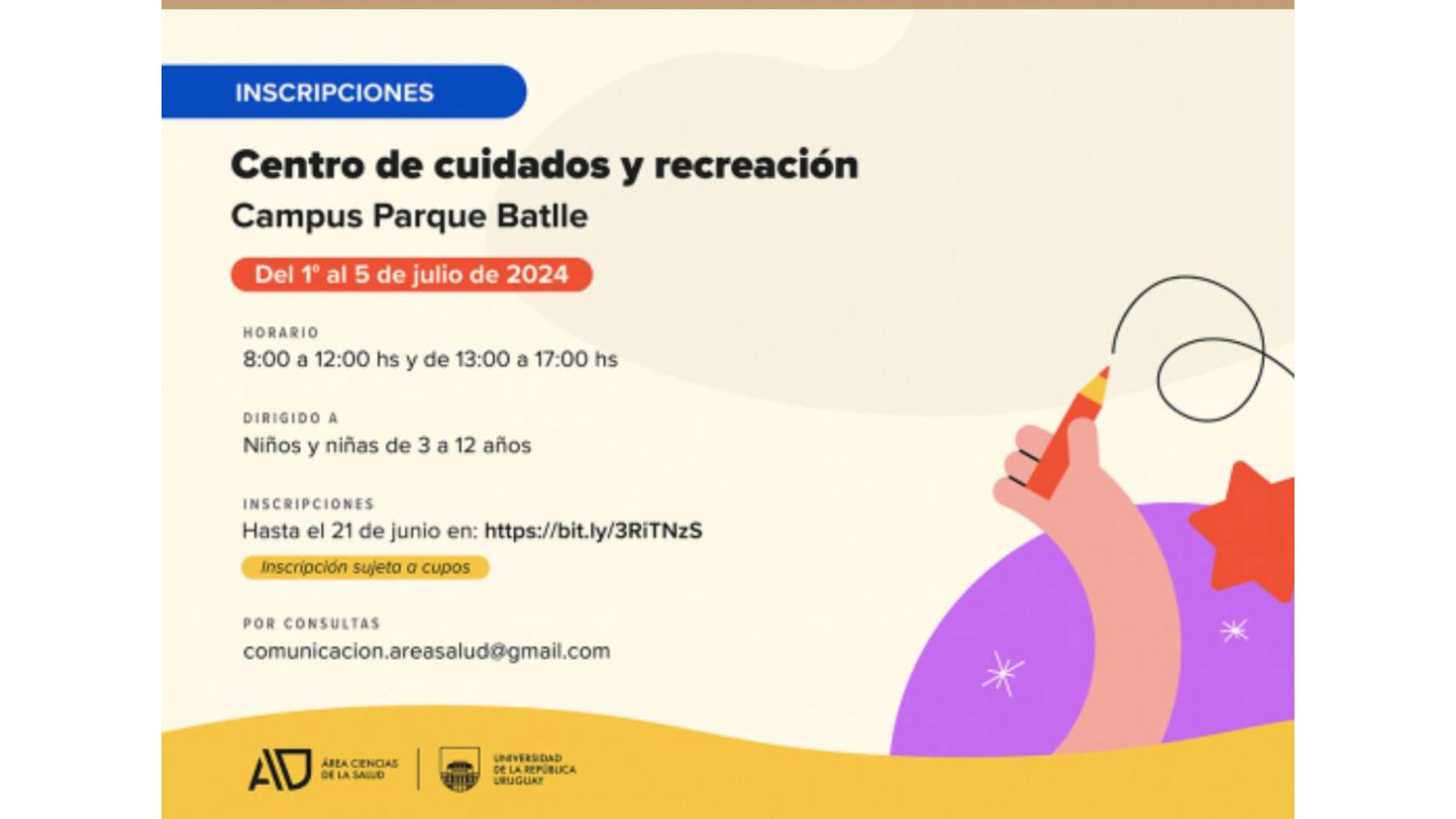 Están abiertas las inscripciones para el Centro de Cuidados y Recreación - Campus Parque Batlle - Período Julio